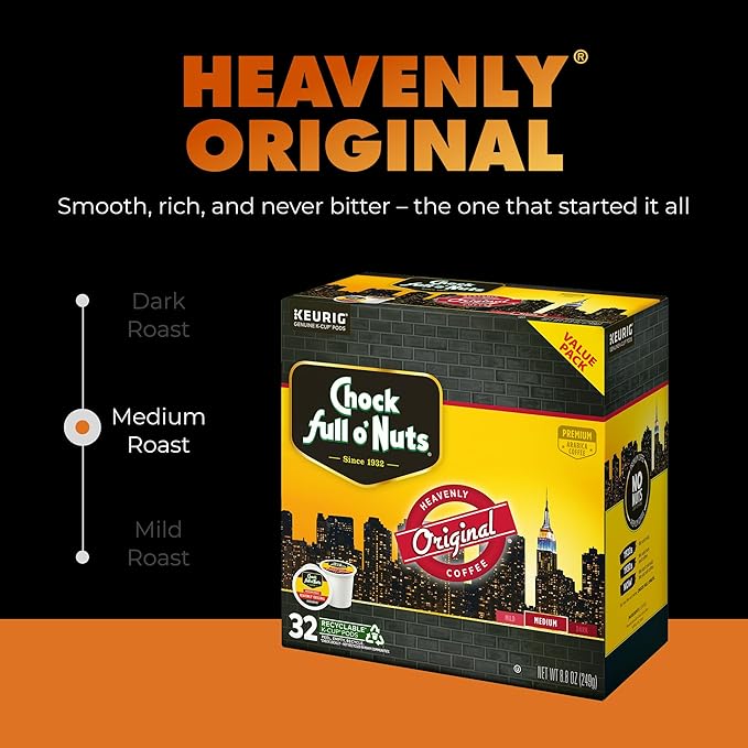 Chock Full o' Nuts Heavenly Original Keurig K-Cup Pods for Keurig Brewers – Premium Arabica Medium Roast – Single Serve – 1 Pack of 32 K-Cup Pods