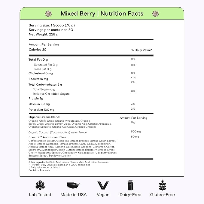 Kiala Nutrition Super Greens Organic Greens Powder with Spirulina &amp Chlorella for Digestion Gut Health Immunity Adaptogens Energy Gluten Free Vegan Sugar Free Mixed Berry 30 Servings