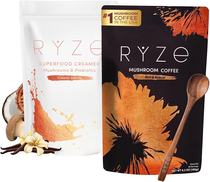 RYZE SUPERFOODS Dark Roast RYZE n Shine Bundle Instant Mushroom Coffee + Probiotic Coffee Creamer with 6 Adaptogenic Mushrooms Prebiotic+Probiotic Blends Energy Focus Digestion Immunity 30 sv each