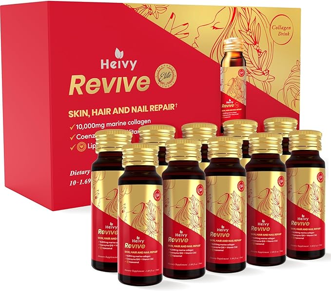 Heivy Liposomal Liquid Collagen for Women 10000mg Marine Collagen Peptides &lt1000Da Patented Liposome 133% Higher Absorption CoQ10 Biotin Vitamins GMP Tested Non-GMO Gluten Free 50mL 10 Bottle