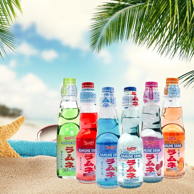 UNHA'S ASIAN SNACK BOX Ramune Japanese Marble Soda Variety Pack - Multiple Flavors - Original Strawberry Blueberry Melon Lychee and Orange Japanese Drink Gift Box (6 Count)
