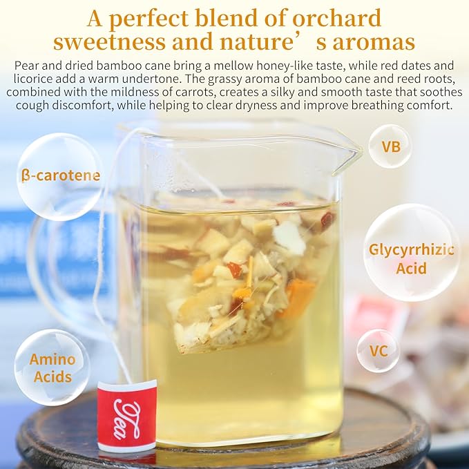 DOZO Breathe Easy Tea Sugar Cane Dry and Thach Root Snow Pear Tea Bags Throat Soother 7.05oz/25 Bags Dried Pears Jujubes Dried Bamboo Sugarcane Carrots Imperata Root Licorice 竹蔗茅根雪梨茶 润肺茶 止咳化痰