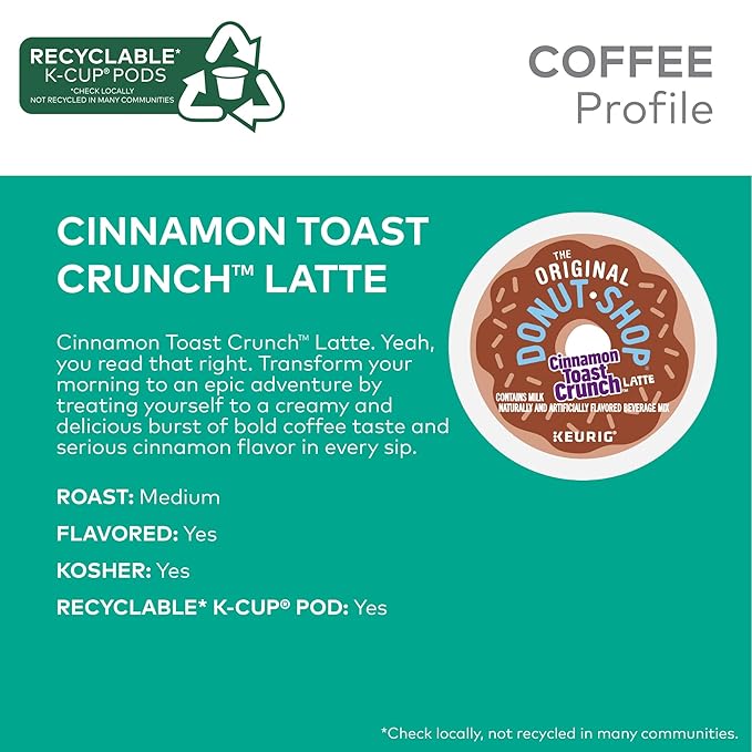 The Original Donut Shop Cinnamon Toast Crunch One-Step Latte Keurig Single Serve K-Cup Pods 60 Count (6 Packs of 10)