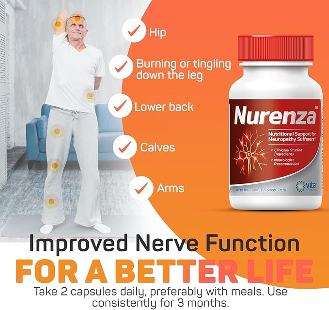 Vita Sciences Nurenza Neuropathy Relief Supplement 40x Strength Natural R-ALA Form for Nerve Health Fast Repair w/ Vitamins Antioxidants Revitalizing Feet Hands Legs and Toes. 60 Ct. - Pack of 6