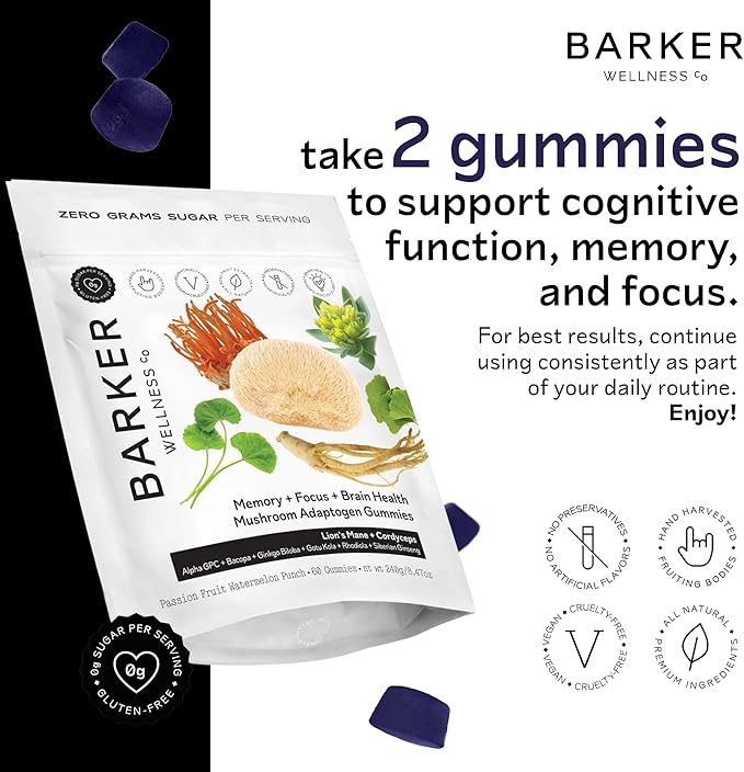 Barker Wellness Mushroom Adaptogen Gummies for Memory &amp Focus Brain Health Supplement with Lion's Mane Cordyceps Cognizin Nootropics Vegan Sugar-Free Passion Fruit Watermelon Flavor- 60 Coun