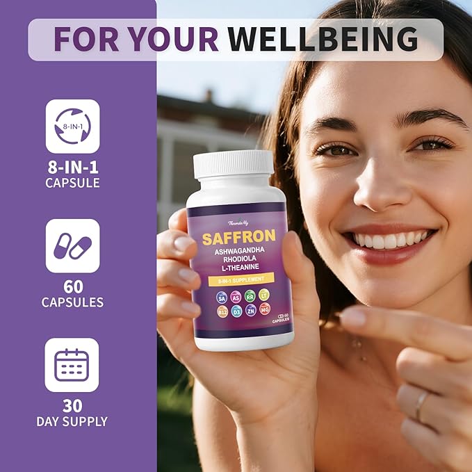 Saffron Supplements – Blend with Ashwagandha Safron Rhodiola Magnesium L-Theanine Zinc &amp B12 88.5 mg Pure Saffron Extract Capsules Mood Energy Vision &amp Focus – 60 Vegan Capsules