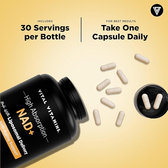 Vital Vitamins NAD Supplement - NAD+ (Nicotinamide Adenine Dinucleotide) for Men &amp Women - Made with Liposomal Delivery - Cellular Anti-Aging Support Energy Focus - 30-Day Supply
