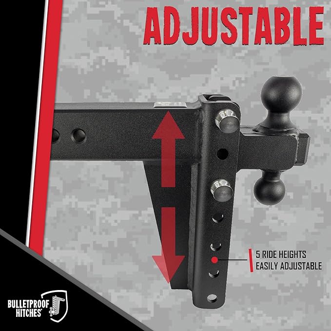 BulletProof Hitches - 3.0 Adjustable Heavy Duty Trailer Hitch (22000 lb. Rating) - 8 Drop/Rise Trailer Hitch with 2 &amp 2-5/16 Dual Ball - Powder Coat Solid Steel Corrosion-Resistant