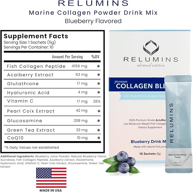 Relumins Premium Collagen &amp Gluta-1000 Bundle - 10 Sachets of Marine Collagen (Blueberry Flavor) + 60 Vegetarian Capsules - Supports Skin Care &amp Wellness