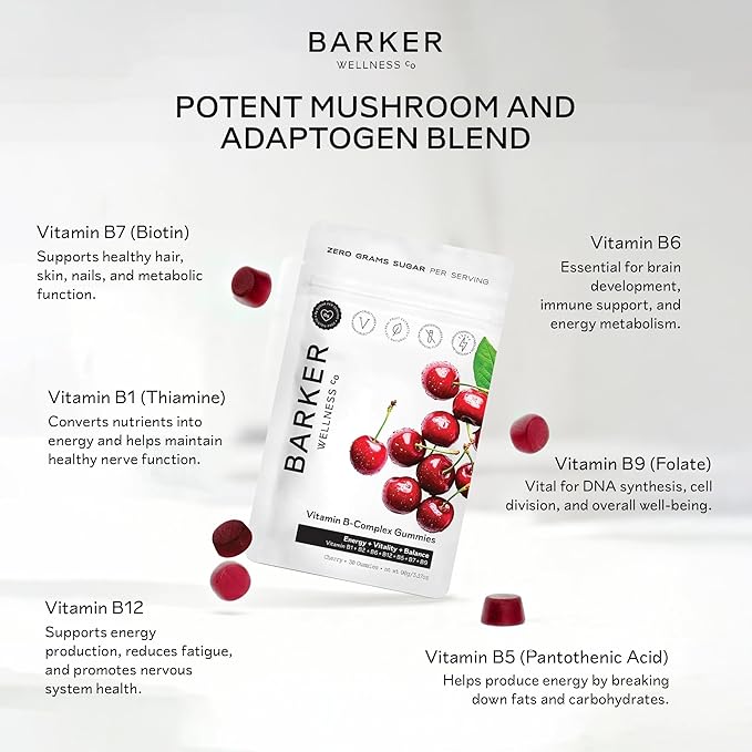 Barker Wellness Vegan B-Complex Gummies – Comprehensive Energy &amp Metabolism Boost with B1 B5 B6 B7 Biotin B9 Folate B12 | Sugar-Free Cherry Flavor for Daily Focus &amp Vitality