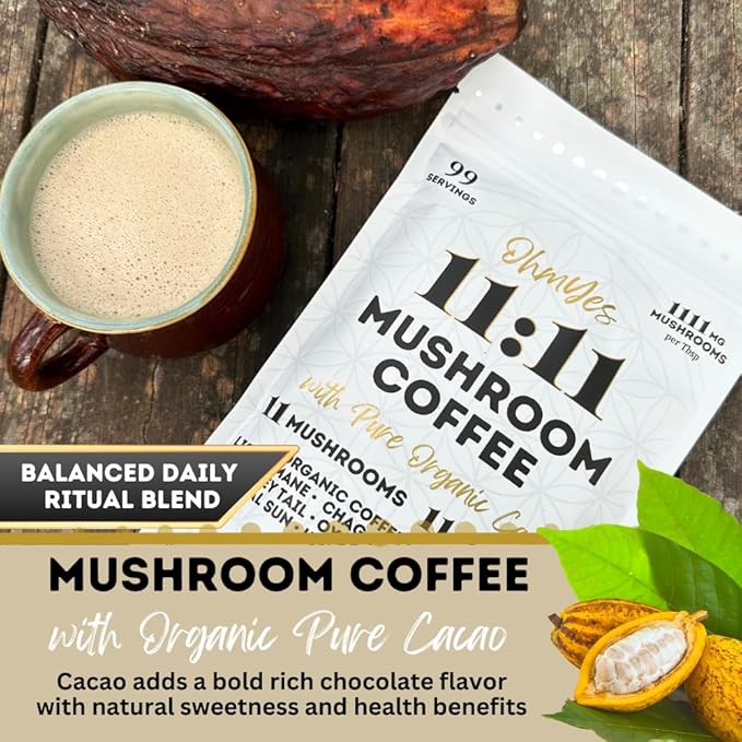 OhmYes Mocha Mushroom Coffee with Pure Cacao | Organic 11 Mushroom Adaptogen Blend (Lions Mane Reishi Chaga Cordyceps) | Premium Chocolate Dark Roast Instant Coffee | Unsweetened | 7oz