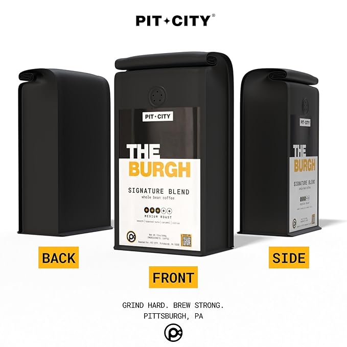 Pit City The Burgh Signature Blend Medium Roast Whole Bean Coffee 12oz Bag - Smooth Toasted Nuts Caramel and Citrus Notes - Premium Small Batch Roasted - Pittsburgh