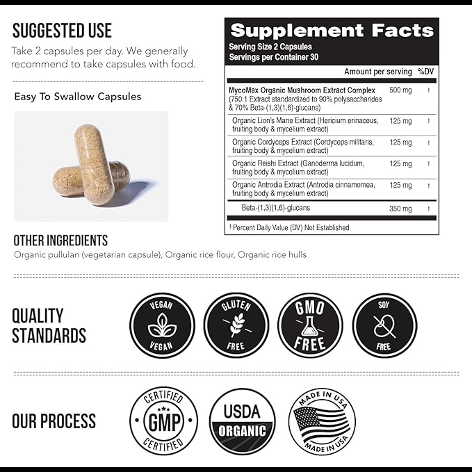 MycoMax Mushroom Complex - 70% Beta Glucans Max Potency Mushroom Supplement US Grown + Ultrasonic Extraction - Lions Mane Cordyceps Reishi &amp More - Cognition Immunity Energy - 60 capsules