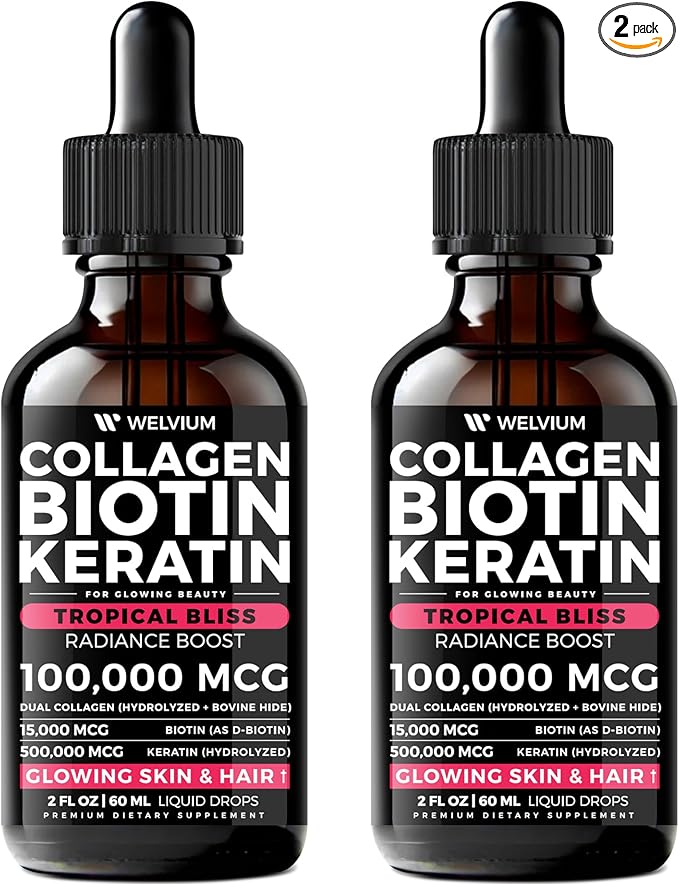 Liquid Biotin and Collagen Peptide Complex with Keratin Hyaluronic Acid MCT Oil Zinc Vitamins B6 B7 B12 A C D3 E - Hair Skin and Stronger Nails Supplement - 2 Pack