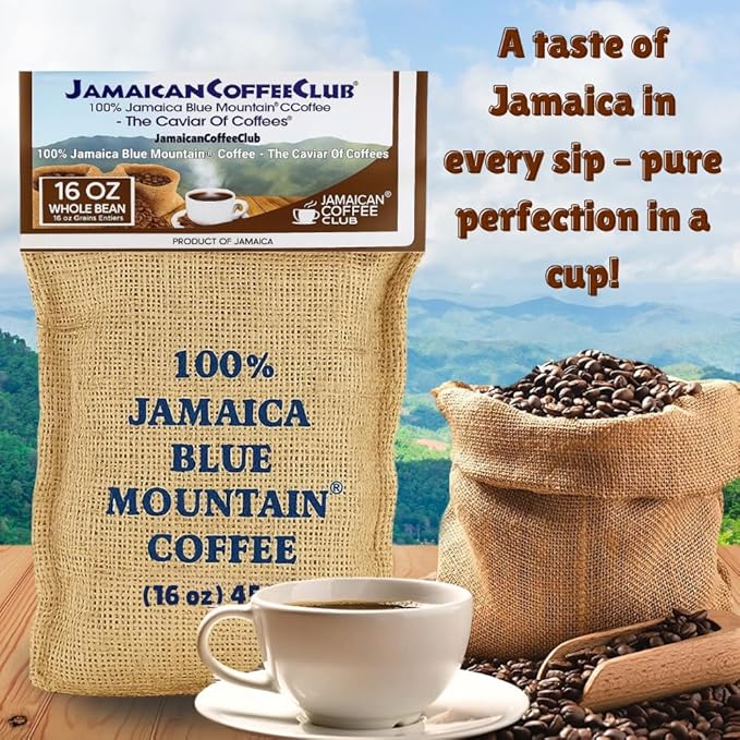 JamaicanCoffeeClub Blue Mountain Whole Bean Coffee WB 16oz 100% Jamaican Beans Premium Roast Bold Smooth Taste Freshly Packed Coffee from Jamaica Rich Aroma Gourmet Blend