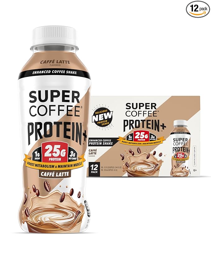 SUPER COFFEE Protein+ Keto Protein Coffee (0g Added Sugar 25g Protein 150 Calories) [Caffe Latte] 12 Fl Oz 12 Pack | Iced Smart Coffee Drinks
