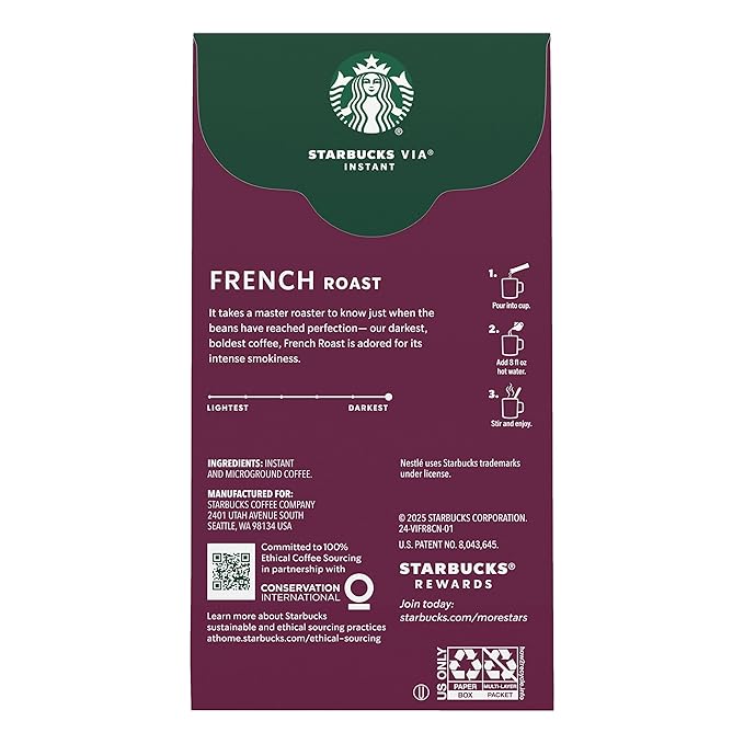 Starbucks VIA Instant Coffee Packets Single Serve Dark Roast Coffee French Roast 96 Packets