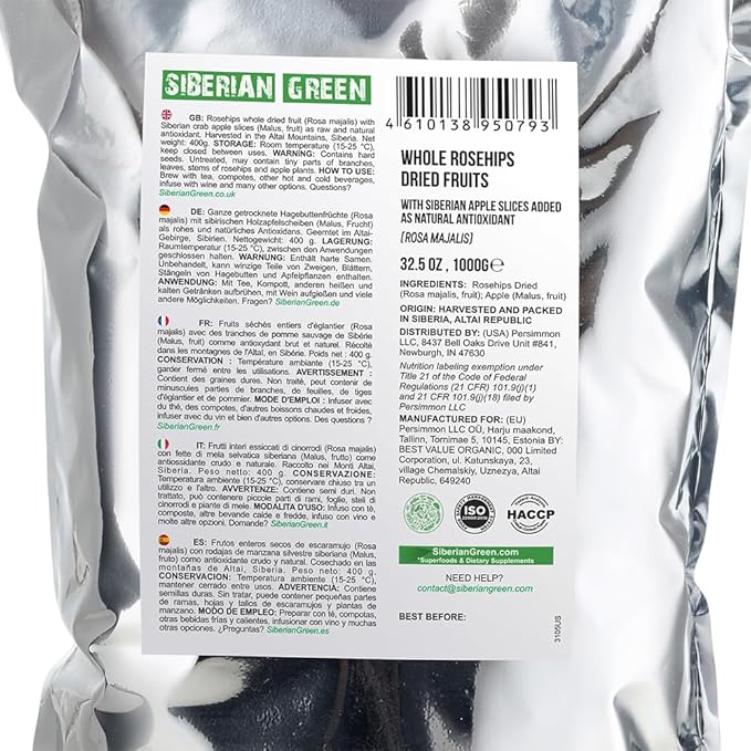 Siberian Dried Rose Hips Whole Seeds 1 kg (2.2 pounds) - Rosehips Herbal Tea Directly from Siberia Altai Mountains and Taiga with Apples slices as antioxidant