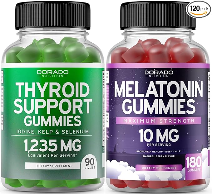 Thyroid Support For Women &amp Men (90 Gummies) Support Supplement - Delicious Apple Flavor - Melatonin Gummies for Adults (180 Count) - Quick Dissolve Melatonin 10mg Gummies - Non GMO Vegan &amp U