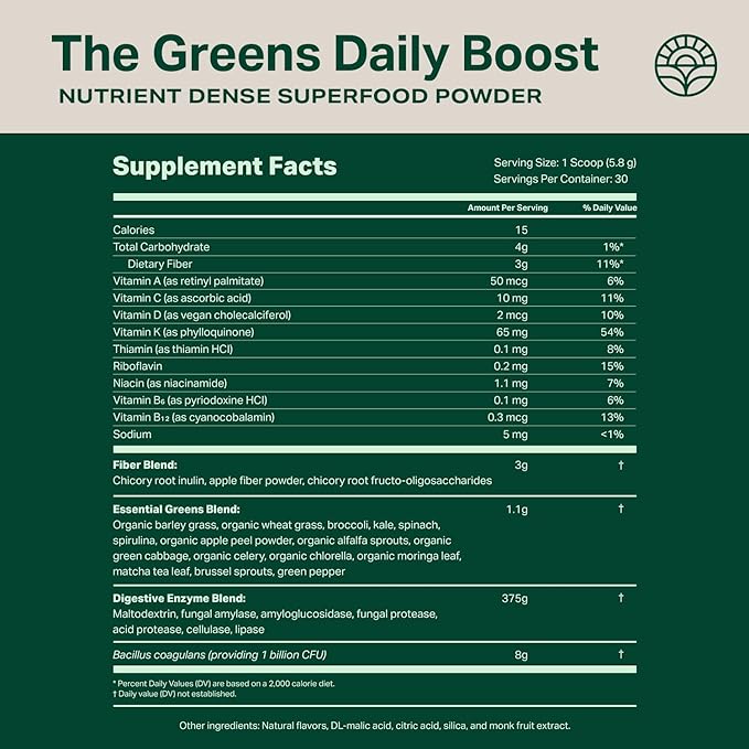 Proper The Greens Daily Boost Organic Greens Powder. Whole Food Apple Flavour Veggie Powder Superfood with Wheatgrass Spirulina Chlorella Probiotics. Daily Drink Mix for Wellness and Digestion