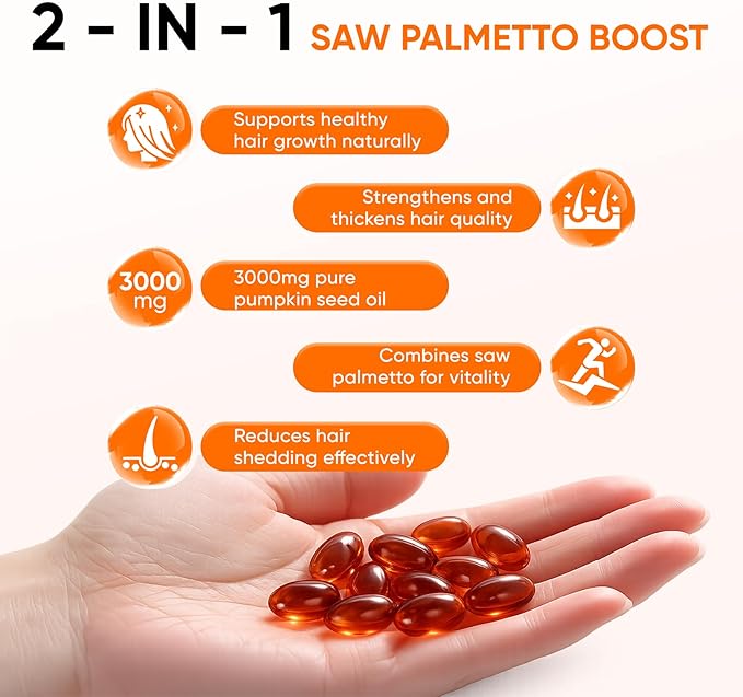 Pumpkin Seed Oil Capsules 2 in 1 Pumpkin Seed Oil with Saw Palmetto for Hair 3000mg Pure &amp Natural Supplement Supports Hair Heart Skin Supplement Non-GMO Gluten Free 300 Softgels (1)