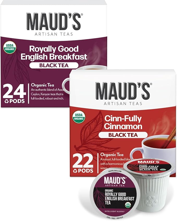 Maud's Organic Cinnamon Black Tea &amp Organic English Breakfast Black Tea Pods Bundle 46 ct Single Serve Tea Pods – 100% Gourmet Blended Tea Leaves Compatible with Keurig K Cups Maker