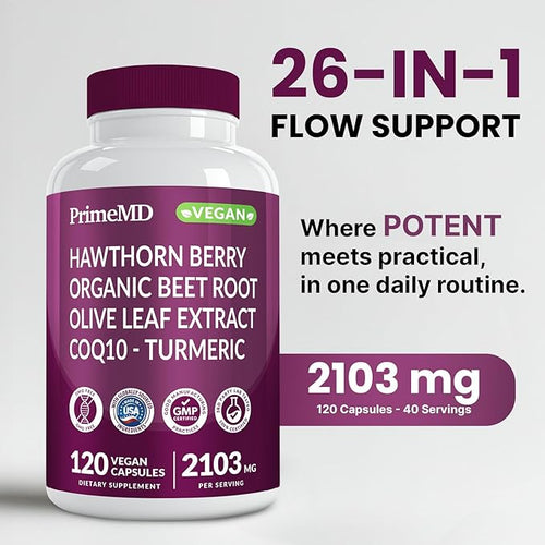26-in-1 Nitric Oxide Supplement - Heart &amp Circulation Support with CoQ10 Turmeric Organic Beet Root Hawthorn Berry &amp Garlic - 2103mg per Serving (120ct Pack of 2)