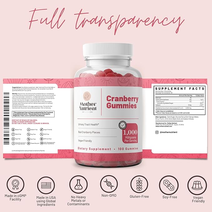 Mother Nutrient Cranberry Gummies Supplement for Women &amp Kids- Urinary Tract Health- Less Tart &amp 90% Less Sweet Gluten-Free Non-GMO Vegan - Pure Cranberry Extract 1000mg - 100 Count.