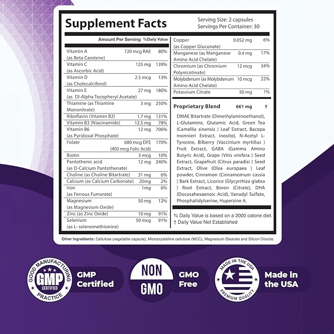 Memopezil – Daily Supplement with Vitamins AB CDE Minerals &amp Botanical Extracts – Clean Stimulant-Free Formula – GMP-Certified Non-GMO Made in USA - 60 Capsules 30 Servings 6 Month Suppl