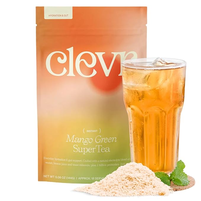 Clevr Mango Green Tea Gut Supporting Electrolyte Hydration Mix – GLP-1 Friendly No Added Sugar – Coconut Water with Lemon Juice Trace Minerals &amp Probiotics – Low Caffeine SuperTea – 18 Servings
