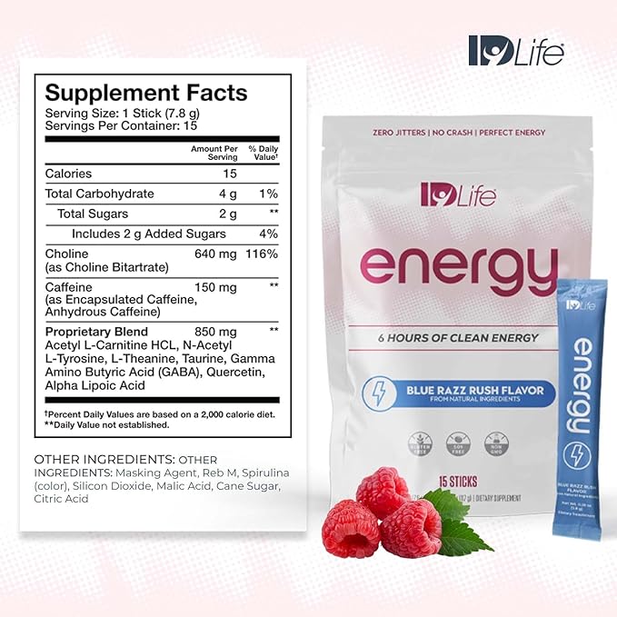IDLife - Energy Blue Razz Rush - Time-Release Caffeine L-Theanine &amp Alpha Lipoic Acid for Clarity Stamina &amp Clean Fuel - 15 Sticks