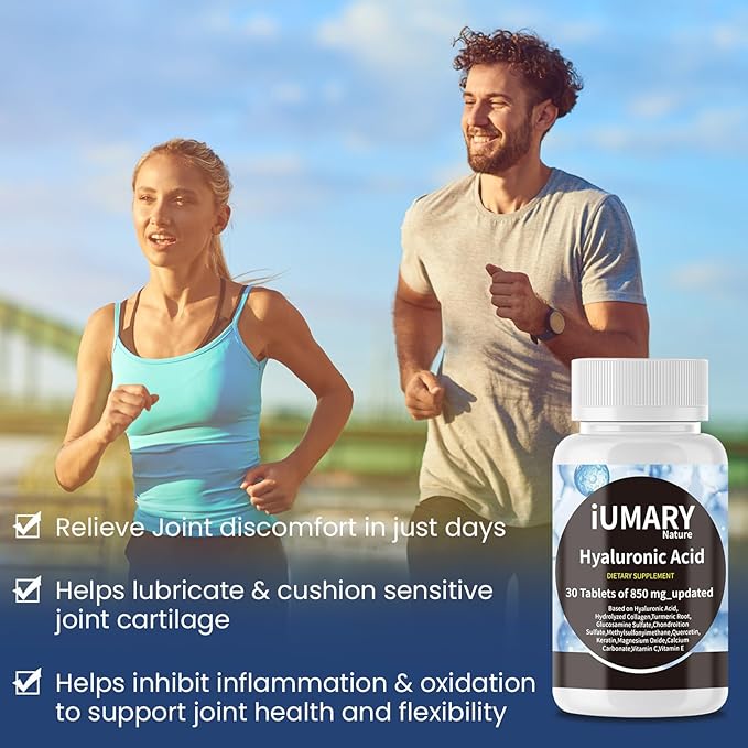 Hyaluronic Acid Supplements 850mg High Bioavailable Dietary Hyaluronic Acid - Advanced Joint Support with Hydrolyzed Collagen Turmeric Glu-cosamine MSM Vitamin C – 30 Tablets（Pack of 1）