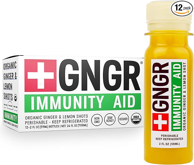 +GNGR Immunity Aid - Organic Cold-Pressed Ginger Shot with Lemon Honey &amp Echinacea. Extra-Strength Ginger Shots for Circulation Immune &amp Digestive Support. Throat Soothing Shots. 2 fl oz (Pa