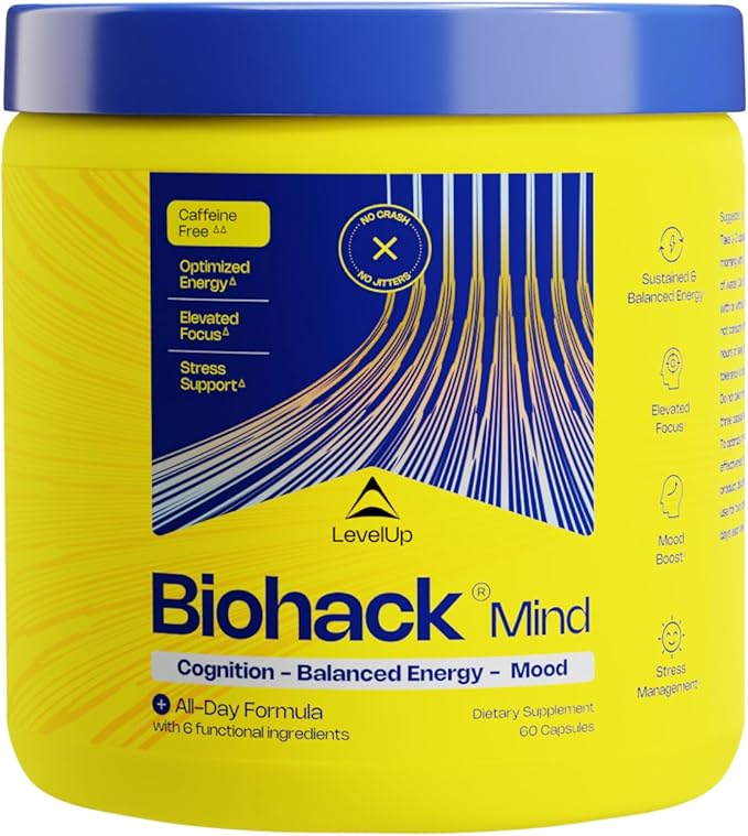 LevelUp Biohack Mind - Nootropic Brain Supplement for Men &amp Women | Balanced Energy Focus Mood &amp Stress Optimization with Ashwagandha Lion's Mane Alpha GPC Ginseng and More - 60 Count