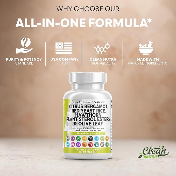 Clean Nutraceuticals Citrus Bergamot Red Yeast Rice Capsules with Plant Sterols - with Hawthorn Extract Olive Leaf Niacin Vitamin K3 D3 COQ10 Guggul &amp More (Pack of 2)