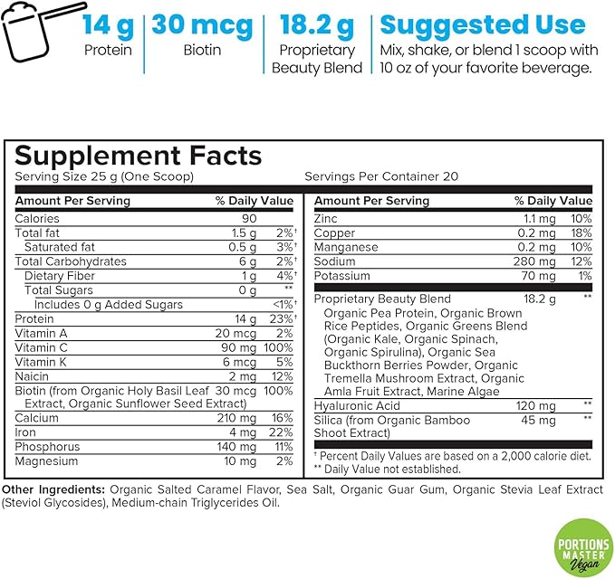 Portions Master Vegan Collagen Builder Plant Based Collagen Support Powder with Rice &amp Pea Protein Silica Biotin Tremella Mushroom Vitamin C (Salted Caramel 500g)
