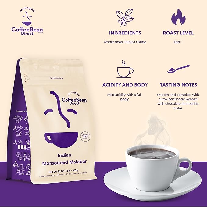 Coffee Bean Direct Indian Monsooned Malabar Whole Bean Coffee Arabica Coffee Light Roast 1 Pound Bag (Pack of 1)