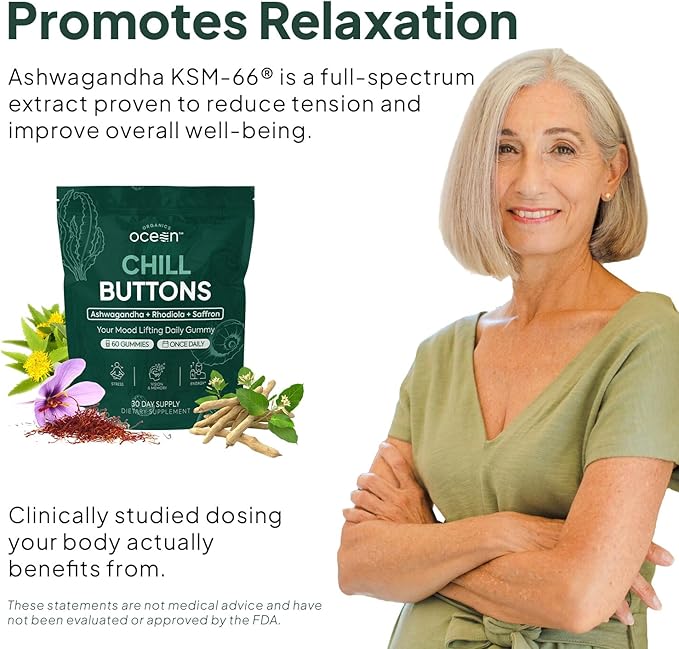 Organics Ocean Chill Buttons – Natural Ashwagandha Gummy Supplement with Organic KSM-66 Saffron &amp Rhodiola Rosea – Supports Relaxation Mood Focus &amp Energy - 6-Pack 360 Count