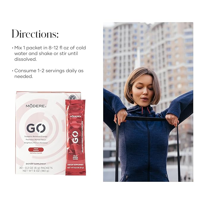 Modere GO Fruit Punch Energy Drink Mix - Refreshing Fruit Punch Flavor Easy to Mix Powder Stick Packs for On-the-Go Use Box - 30 Count