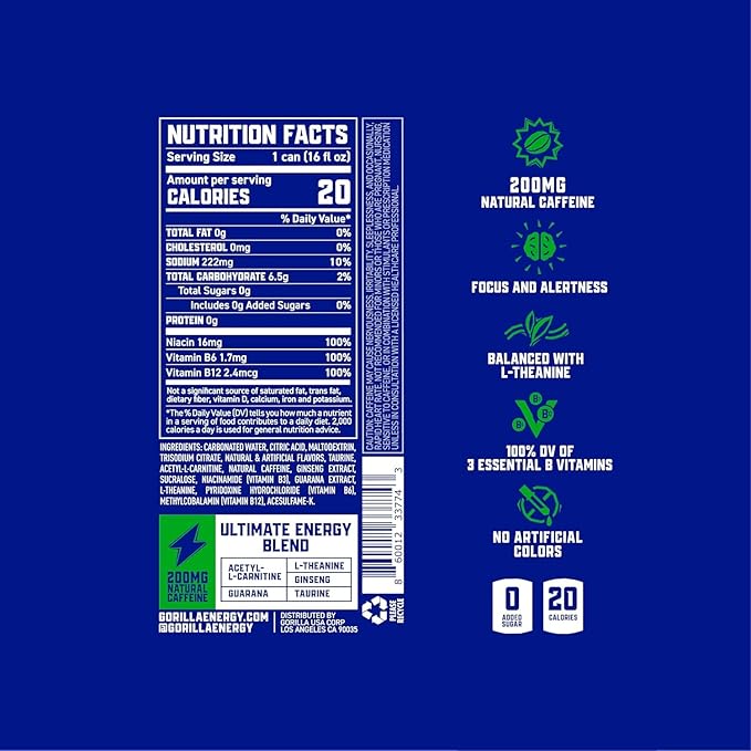 Gorilla Energy Drink Variety Pack 200mg Natural Caffeine Real Fruit Juice Squeezed &amp Concentrated L-Theanine Taurine Ginseng Acetyl L-Carnitine No Added Sugar and No Artificial Colors 12