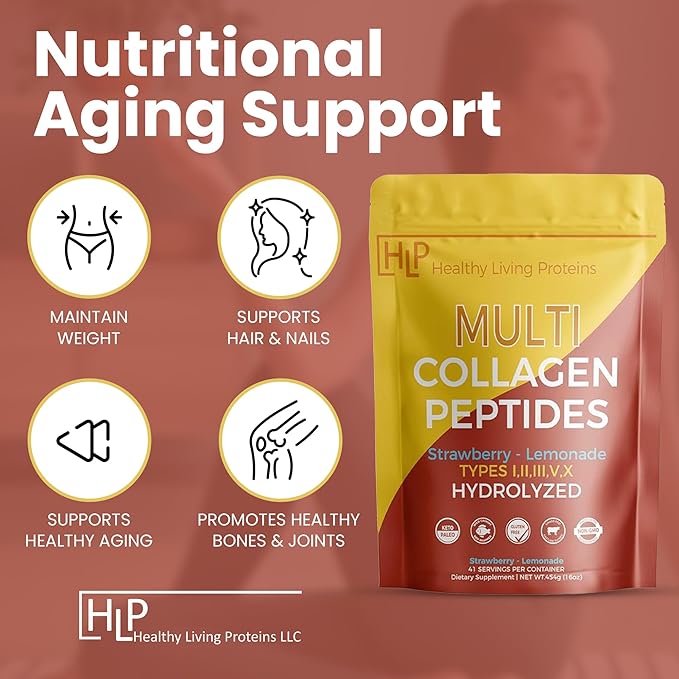 Healthy Living Proteins - Hydrolyzed Multi Collagen Peptides Powder Types I II III V &amp X - Grass Fed Bovine Wild Caught Marine Free Range Chicken - Gluten Free (Strawberry-Lemonade 16 oz)