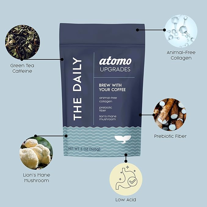 ATOMO - The Daily Refill Pack (28 Servings) Functional Coffee Upgrade – Brews with Your Coffee (Not Instant) – Animal-Free Collagen Lion’s Mane Prebiotic Fiber Lower Acidity &amp Green Tea Caffein