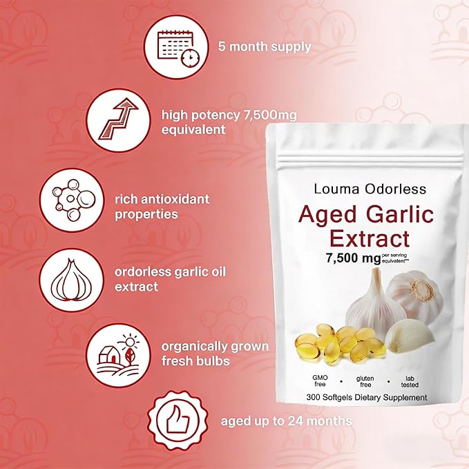 1PCSLouma Odorless Aged Garlic Aged Garlic Extract - 300 Count 7500mg 24 Month Organic Aged Garlic Supplement- Non-GMOVegetarian (1PCS)