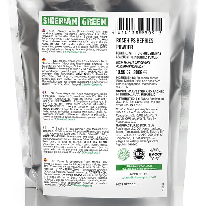 Ground Siberian Rose Hips Flour 300g w Sea Buckthorn Fine Fine Powder Tea from Siberia Altai Mountains Taiga No Added Sugar Resealable Pouch