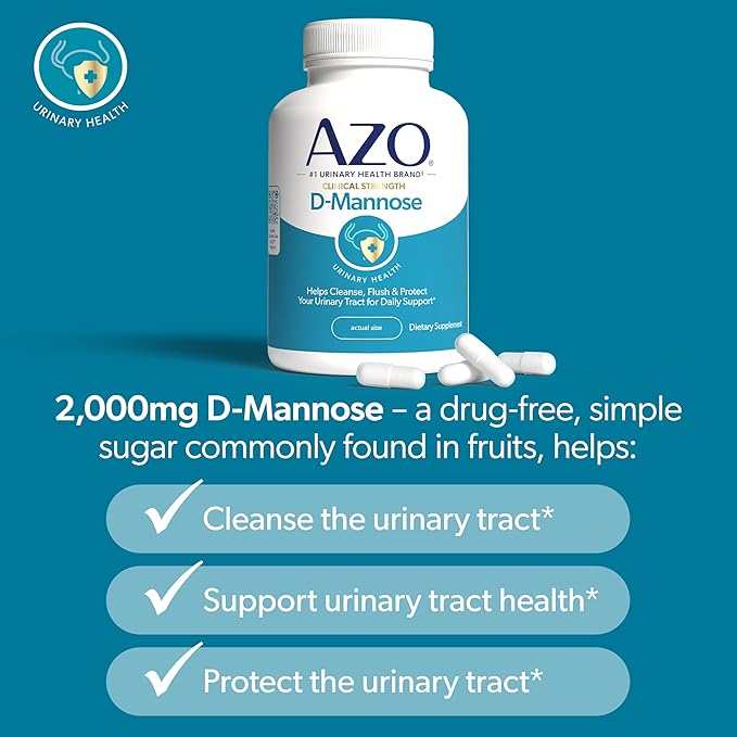 AZO D Mannose Urinary Tract Health Cleanse Flush &amp Protect The Urinary Tract No.1 Pharmacist Recommended Brand Clinical Strength Non-GMO 120 Count