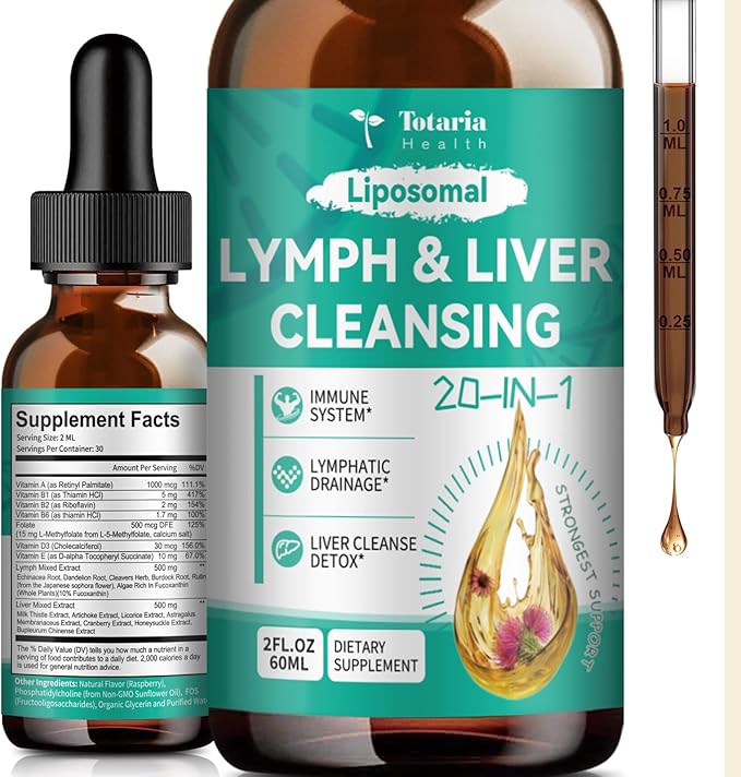 Totaria Strongest ''Lymph-Liver'' Cleanse Detox Liposomal Organic Milk Thistle Echinacea Artichoke Lymphatic Drainage &amp Liver Repair Supplement with All Vitamins 2 Fl.Oz