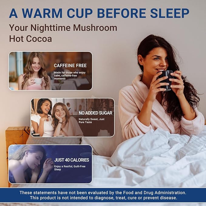 Mushroom Hot Cocoa with Melatonin Reishi L-Theanine Cocoa Powder Hot Chocolate Nighttime Drink Mix for Sleep &amp Relax - 30 Servings