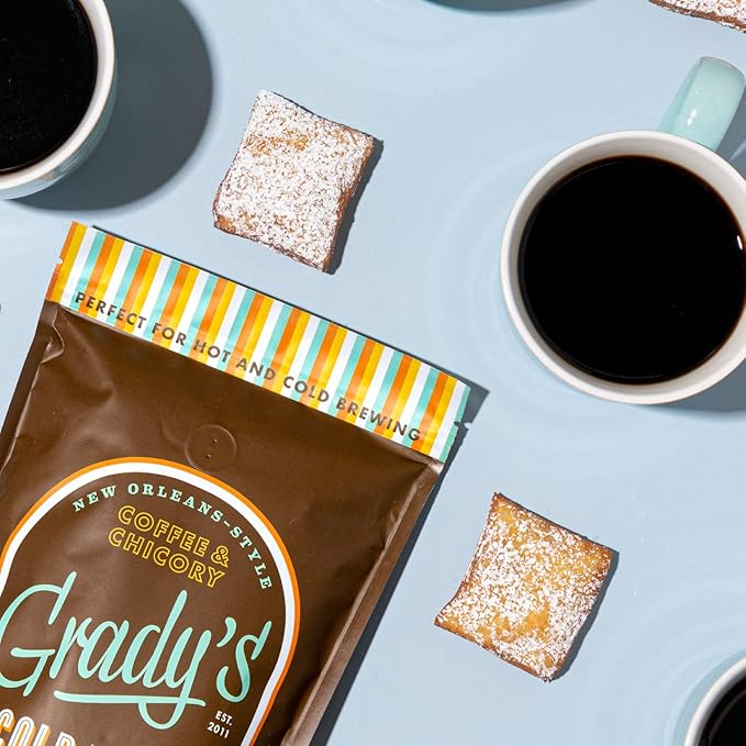 GRADY'S COLD BREW New Orleans Style 100% Arabica Medium Dark Roast Coffee &amp Chicory Ground for Hot Coffee and Cold Brew One pound bag