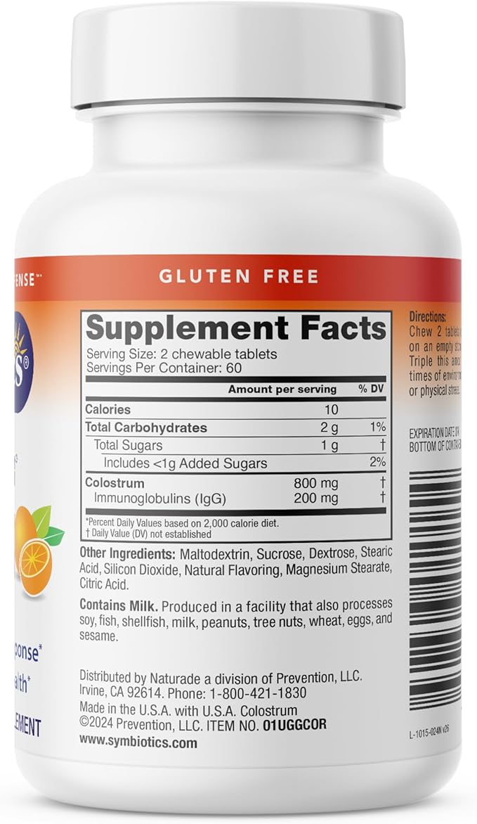 Symbiotics Naturade Colostrum Chewable Tablets Immune &amp Digestive Support with Lactoferrin Gluten Free Low Sugar Easy Daily Wellness Nutrition (120 Count - Orange Cream)