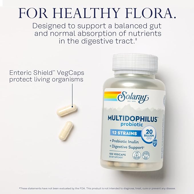 Solaray Multidophilus 12 Strain Probiotic 20 Billion CFU Probiotics for Digestive Health for Women and Men Daily Gut Health Support Complex with Prebiotic Inulin No Dairy - 100 VegCaps